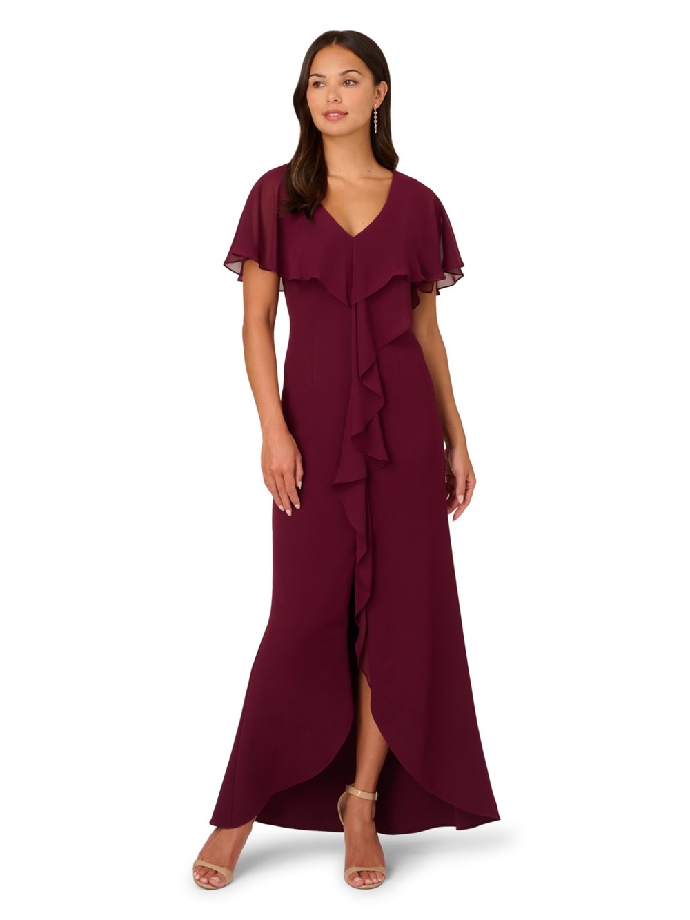 NWT Papell Studio 8 Cabernet Crepe Chiffon Gown Ruffle Cape Sleeve Evening Dress